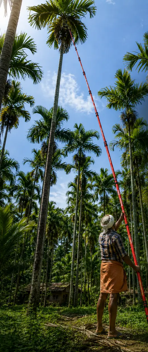 A farmer using the long red Rancher Doti from the ground to reach an arecanut palm
